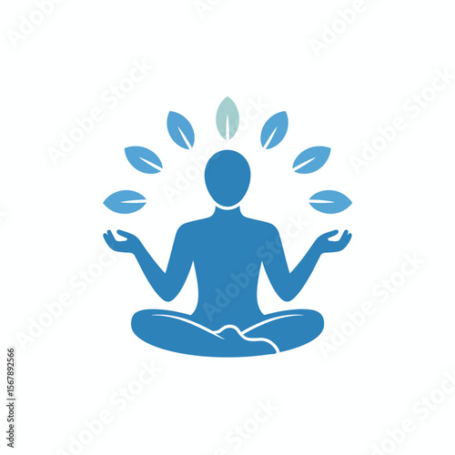 Meditation and Mindfulness: Serene figure in deep meditation, representing tranquility and balance, with a halo of leaves symbolizing connection to nature.