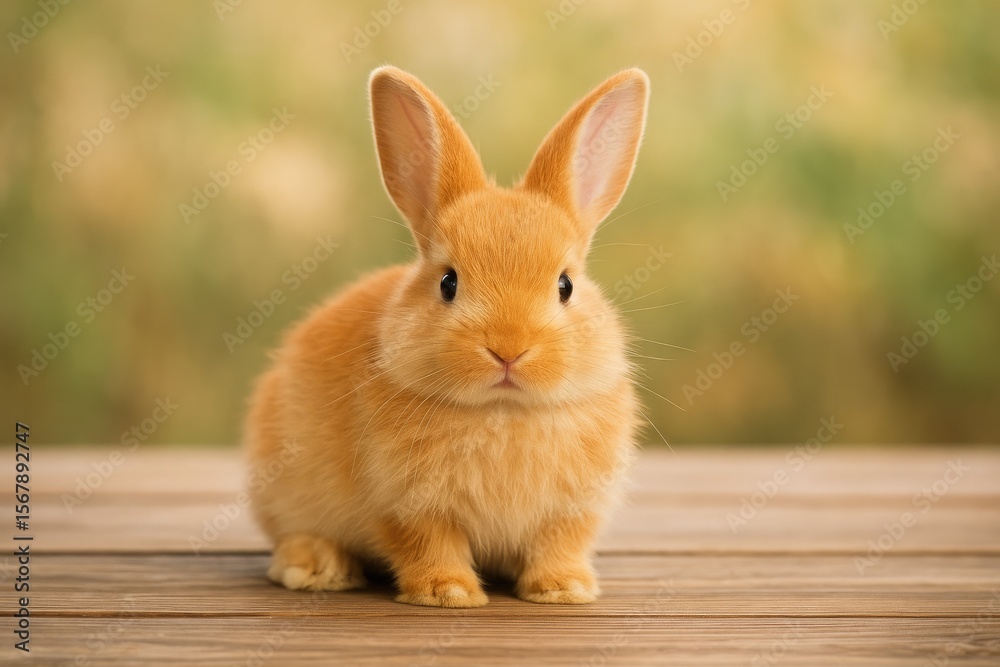 Fototapeta premium Adorable bunny resting on wooden surface and gazing at the lens