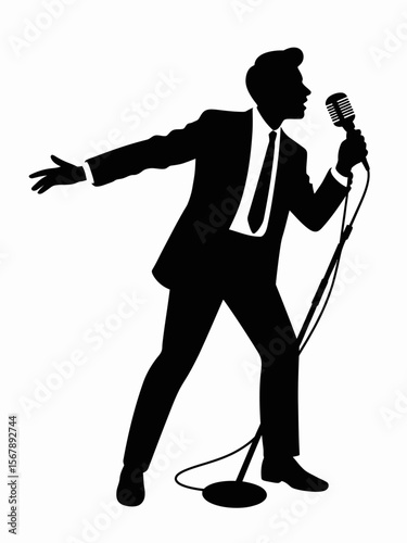Musical Silhouette: The silhouette of a distinguished man exudes confidence as he delivers a powerful performance, microphone in hand. It embodies the soul of music.
