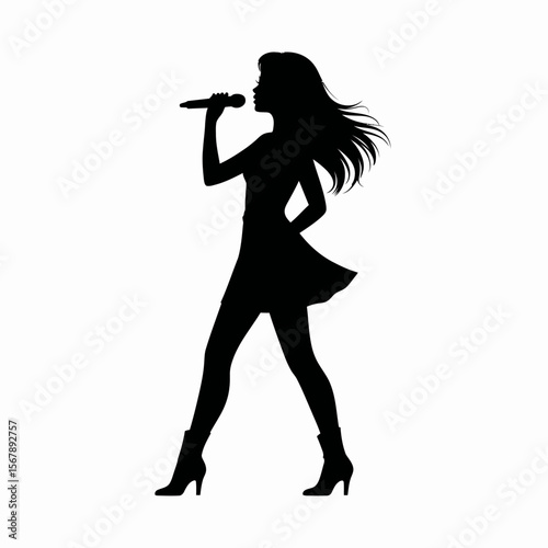 Silhouette Serenade: A stylish silhouette captures a dynamic female figure, microphone in hand, immersed in the moment. A captivating illustration perfectly suited for music, performance.