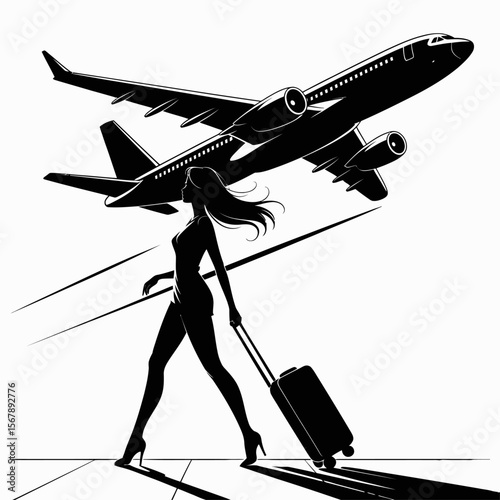 Travel Silhouette: A captivating silhouette of a woman effortlessly navigating a modern airport runway, symbolizing the allure of travel. A majestic plane takes off against the pristine horizon.