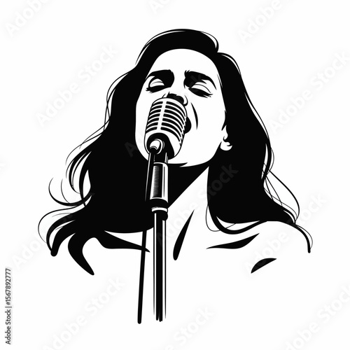 Singer in Spotlight: Captivating vector art of a female vocalist lost in song, singing passionately into a vintage microphone, exuding raw emotion and musicality.