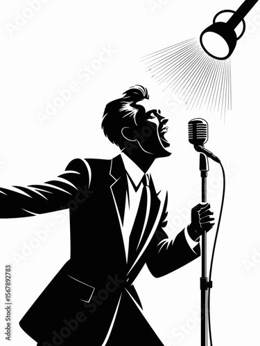Silhouette Serenade: A charismatic vocalist delivers a passionate performance, silhouetted against a dynamic spotlight, capturing the essence of music and emotion.