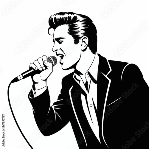 Melodic Voice: An illustration capturing the energy of a passionate singer singing into a microphone with fervor, conveying the rhythm and emotion of the musical moment.