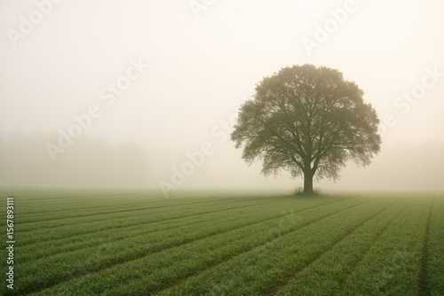 Wallpaper Mural Serene rural landscape featuring a lush green farm and a solitary tree shrouded in dense white morning fog. An enchanting autumn setting highlighting natureâ€šÃ„Ã´s beauty and environmental awareness. Torontodigital.ca