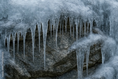 Winter ice formations creating stalactites on rocks
