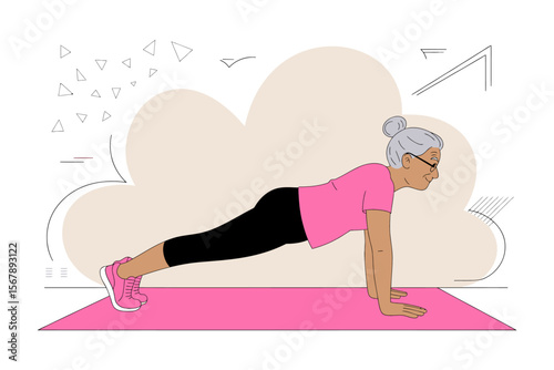 Staying Strong: A woman performs a plank exercise, promoting healthy aging and overall wellness. The image embodies the idea of active lifestyle and longevity.