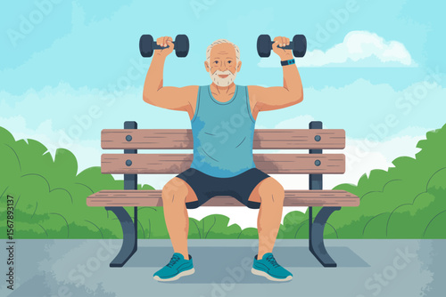 Strength in Motion: A cheerful senior strengthens his body with dumbbells, exercising outdoors on a bench, showcasing the vigor of active senior lifestyle. 