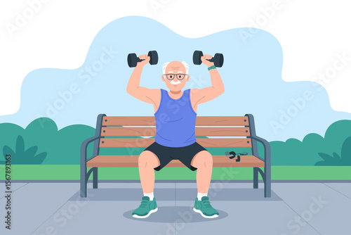 Senior's Strength Training: An animated portrait depicts an elderly man in a vibrant outdoor setting, diligently lifting dumbbells to enhance his physical fitness.