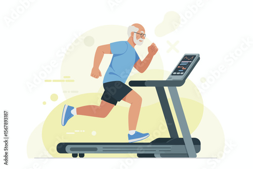 Active Elderly: Capturing the vitality of senior fitness, the image depicts an elder man running energetically on a treadmill. This visual representation of health and activity.