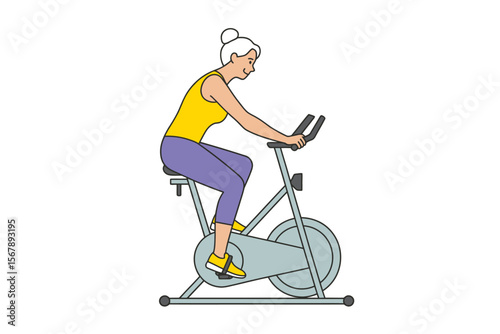 Senior woman on exercise bicycle: A focused senior woman pedals determinedly on an indoor exercise bicycle, promoting active aging and a healthy lifestyle.