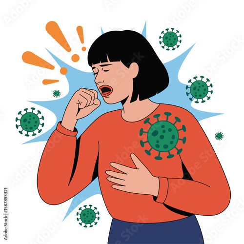 Coughing in the Face of Pandemic: An illustration of a woman coughing amidst floating viruses, symbolizing the global struggle against disease and the importance of health precautions.