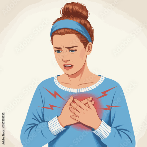 Chest Pain Illustration: Woman experiencing chest pain, clutching her chest with worried expression.  