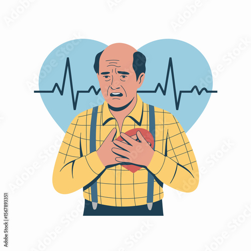 Cardiac Distress: An illustration of an elderly individual clutching at his chest, visually expressing discomfort or pain, accompanied by a visual representation of an ECG, suggesting cardiac issues.