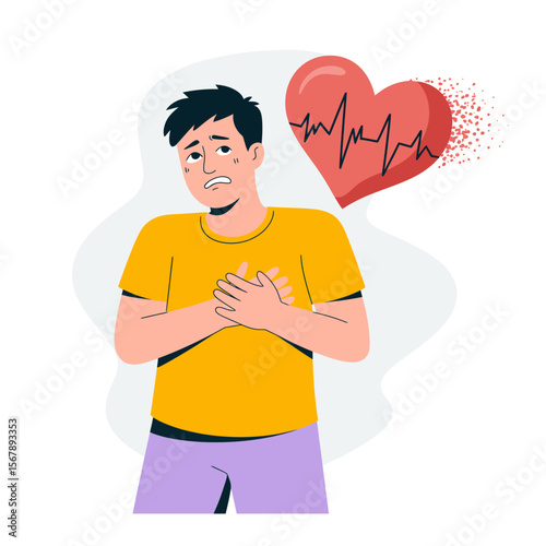 Heartache: A visual depiction of a man in distress, his hands clasped over his chest, as a fragmented heart floats nearby, representing emotional pain and heart-related issues.