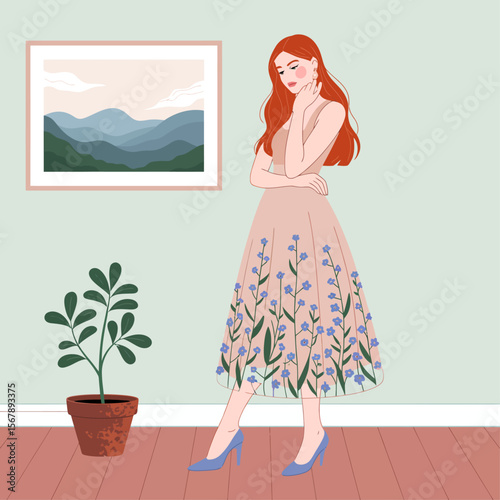 Elegant Woman in Room: A stunning woman adorned in a floral dress exudes grace and charm, her presence enhancing a room with aesthetic finesse and creative essence.
