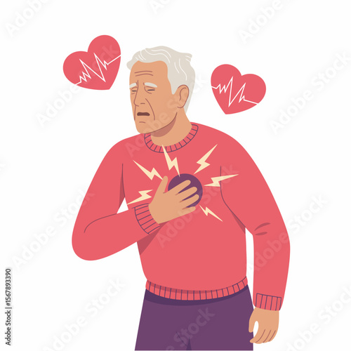 Health Distress: Depicting the stark reality of cardiac issues, an elderly person clutches their chest. Illustrated with striking clarity, the image conveys the urgency of heart health concerns.