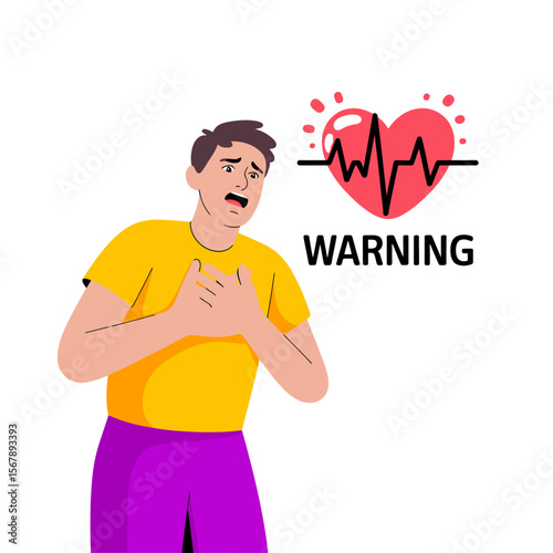 Man Experiencing Chest Pain: An illustration depicts a man clutching his chest, experiencing apparent discomfort, with a warning sign featuring a heart and erratic heartbeat line nearby.