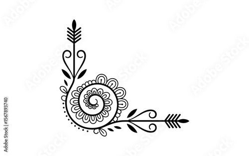 Elegant black ornamental corner flourish with floral and arrow motifs 