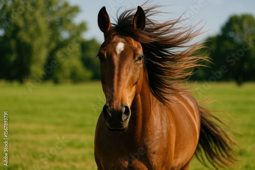Close-up of a horse facing forward with its mane flowing in the breeze, set against a scenic landscape of fields and trees
