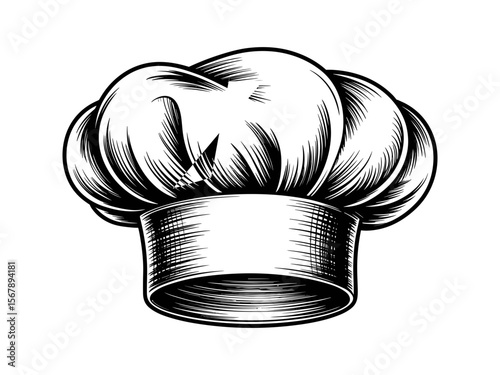 Classic chef hat illustration in black and white with detailed 