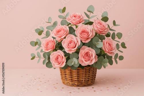 Lovely arrangement of pink roses and eucalyptus in a basket decorated with confetti, perfect for celebrations like birthdays, Women's Day, Mom's Day, or Valentine's Day