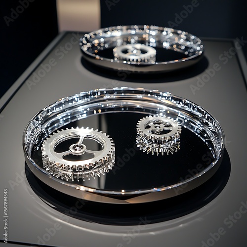 Metallic gears and cogs on display trays