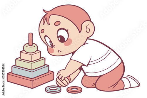 Vector cute Baby Boy cartoon character, with a determined expression and focused eyes, trying to put a shape into a sorter, wearing a simple white t-shirt, in a learning, sweet style, isolated on whit