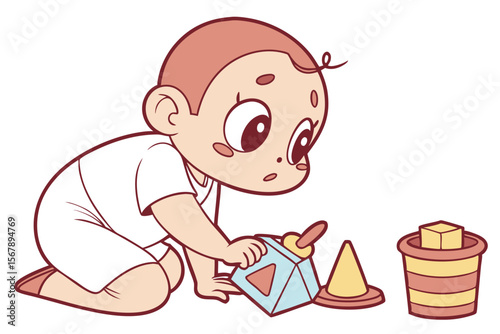 Vector cute Baby Boy cartoon character, with a determined expression and focused eyes, trying to put a shape into a sorter, wearing a simple white t-shirt, in a learning, sweet style, isolated on whit
