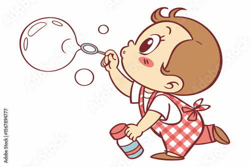 Vector cute Baby Boy cartoon character, with a determined look and puffed cheeks, trying to blow a bubble, wearing a red and white checkered bib, in a focused, charming style, isolated on white backgr