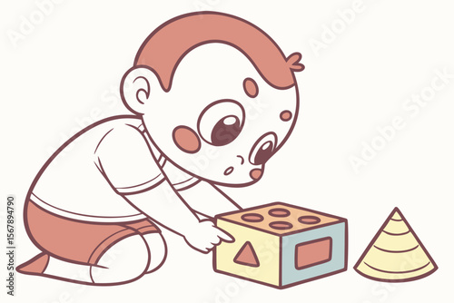 Vector cute Baby Boy cartoon character, with a determined expression and focused eyes, trying to put a shape into a sorter, wearing a simple white t-shirt, in a learning, sweet style, isolated on whit