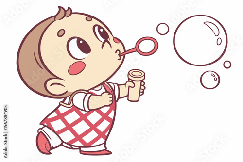 Vector cute Baby Boy cartoon character, with a determined look and puffed cheeks, trying to blow a bubble, wearing a red and white checkered bib, in a focused, charming style, isolated on white backgr