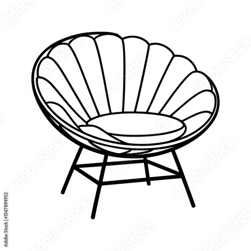 Modern black line art drawing of a unique shell shaped armchair with a cushion 