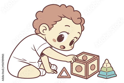 Vector cute Baby Boy cartoon character, with a determined expression and focused eyes, trying to put a shape into a sorter, wearing a simple white t-shirt, in a learning, sweet style, isolated on whit