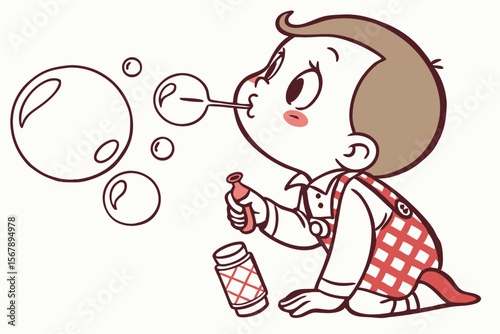 Vector cute Baby Boy cartoon character, with a determined look and puffed cheeks, trying to blow a bubble, wearing a red and white checkered bib, in a focused, charming style, isolated on white backgr