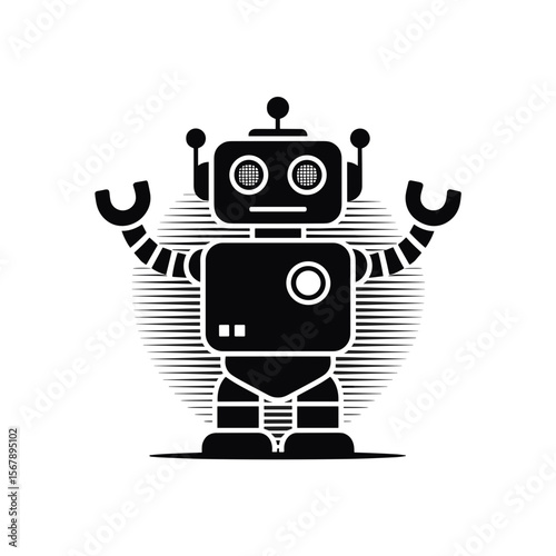 Retro style black robot character with wide arms raised in a friendly greeting