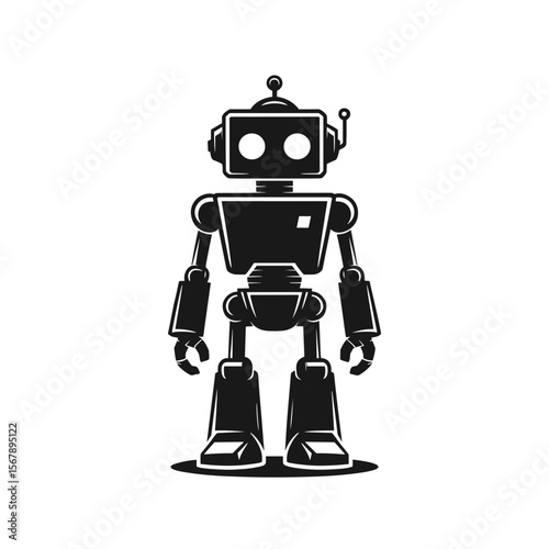 Retro style black robot standing with a friendly appearance and radiating light effect