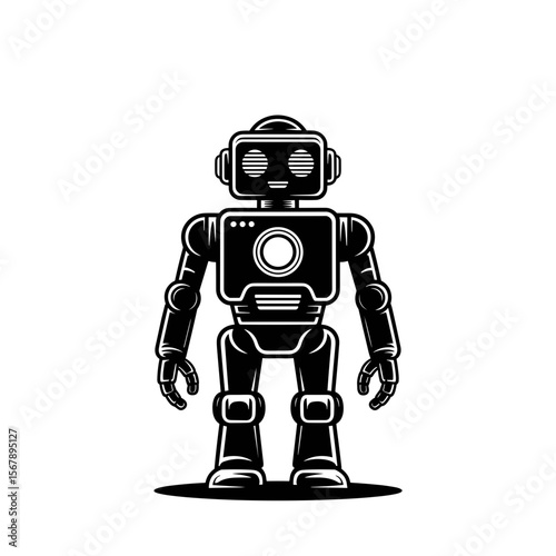 Retro style robot with glowing blue accents and radiating lines behind its head