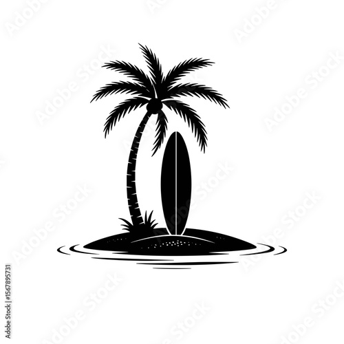 Tropical island paradise with palm tree and surfboard on white background text island escape