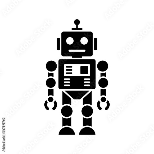 A stylized black silhouette of a classic retro robot with a square head and simple limbs