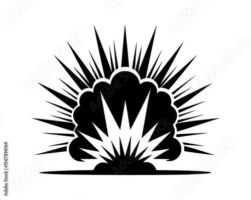 Explosion graphic with sharp radiating lines and a central cloud shape in black and white
