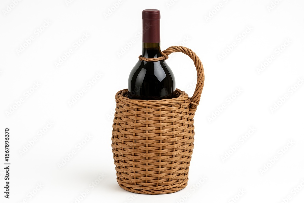 Naklejka premium Elegant woven wine bottle against a plain white backdrop