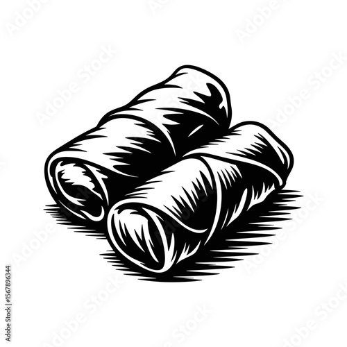 Black and white illustration of two delicious spring rolls ready to be eaten