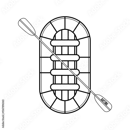 Top view outline illustration of an inflatable raft with a paddle labeled rafting
