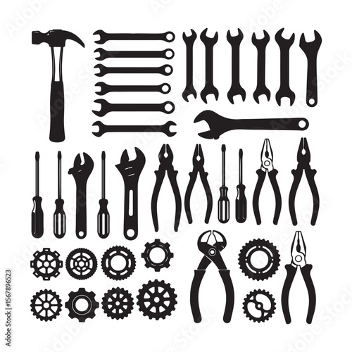 Black and White Silhouette Collection of Various Hand Tools and Gears Mechanic Equipment Set