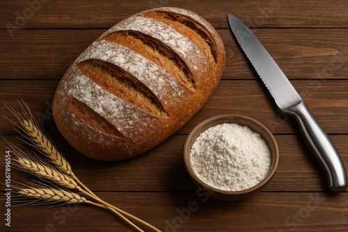 Loaf of bread placed on a rustic wooden surface