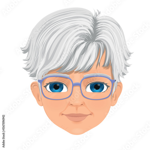 portrait or face of elderly woman with glasses, well-groomed and short gray hair