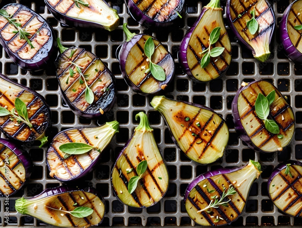 Fototapeta premium Barbecue Grill in the Open Air. Thick eggplant slices cooking, cross-hatched grill marks, softening flesh, light char, olive oil drizzle, and herbs sprinkled on top, close-up view.