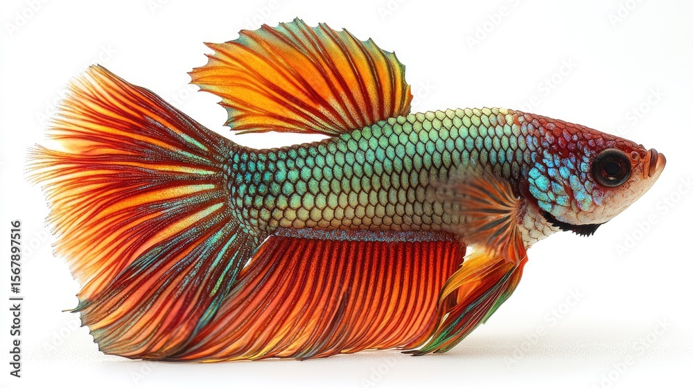 Fototapeta premium Betta fish in vibrant red and metallic green colors, isolated in a clean white environment with subtle shadows
