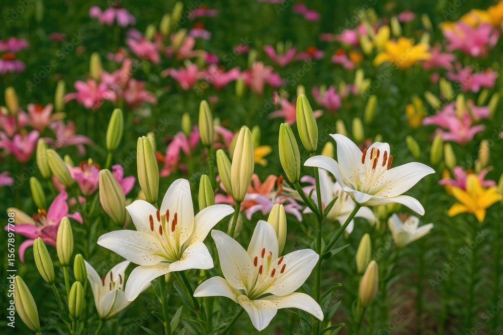 Fototapeta premium Elegant white lilies along with other stunning blooms